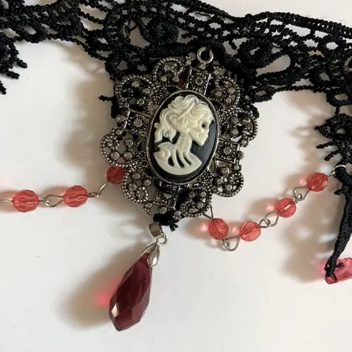 Black Lace Choker Necklace With Skeleton Cameo Pendant NEW