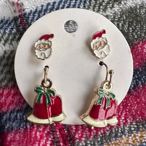 Festive Red and Green Holiday Earrings Set Santa Bell Wreath Pearl Dots