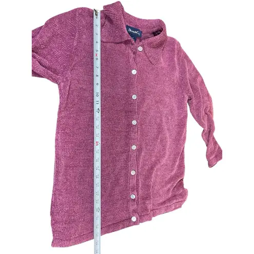 VTG 90s Denim & Co Mauve Pink Chenille Button Front Collared Cardigan Sweater S