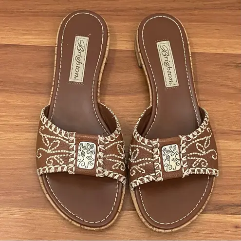 Brighton  “Osprey” Brown Leather Contrast Stitch Flower Flat Sandals Size 8M