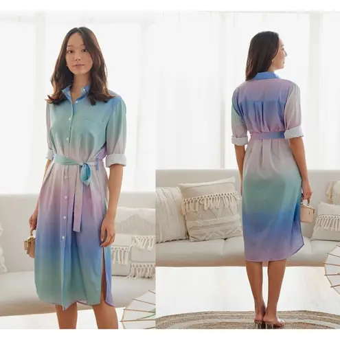 LE SUPERBE Girlfriend Stripe Long Sleeve Cotton Shirtdress Ombre Sky Size US 2 Green