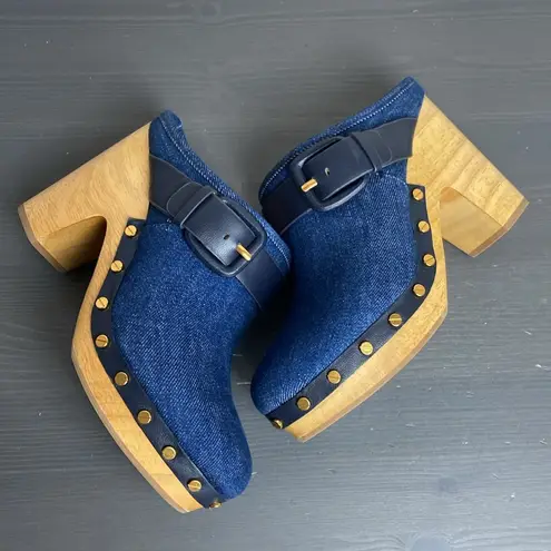 Veronica Beard  Dacey Denim Buckle Studded Clogs Size 7