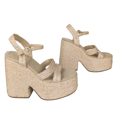 LARROUDE Carmen Raffia Platform Heeled Sandal Beige Open Toe Women's 10 Tan