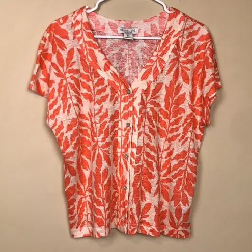 Rachel Zoe  Women’s Linen Floral Leaf Print Orange Cream Button-Up Blouse