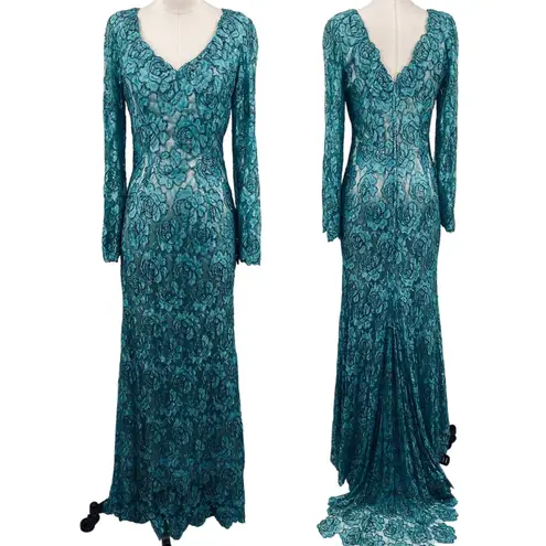 Vintage Floral Beaded Gown Long Sleeve V Neck All Over Rose Beading Turquoise 4 Blue