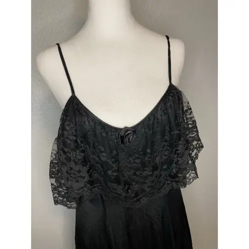 Vintage Nightgown M Black Sexy Long Nylon Satin Lace Slip Dress Spaghetti Strap Size M