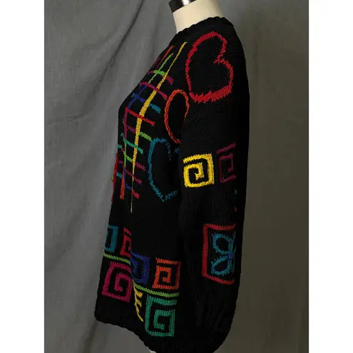 Vintage 1993 RIR Hong Kong Sweater Neon Embroidered Flowers Abstract Art M/L Black Size M