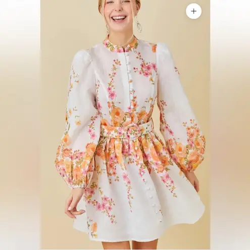 Main Strip Amy Floral Print Dress Long Sleeve Holiday Mini White Medium No Belt