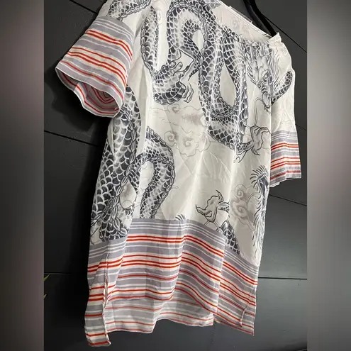 ANIMALE Women’s Sz 40 (Large) Oversized Dragon Print 3/4 Sleeves Linen Shirt EUC White