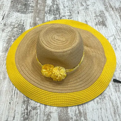 Lord & Taylor NWT Yellow and Tan Pom Pom Paper Beach Sun Hat One Size