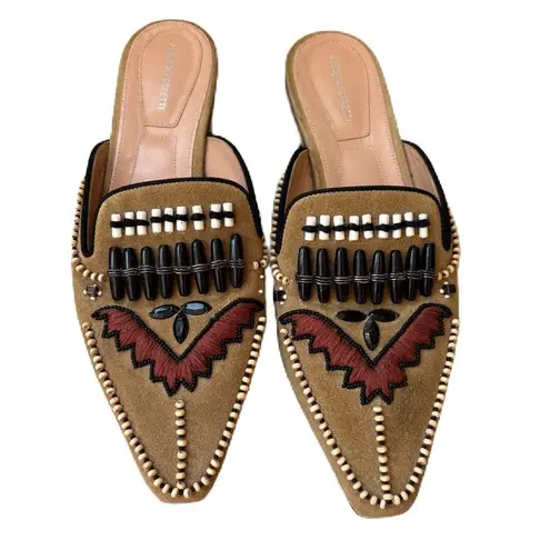 Alberta Ferretti Beaded Mules Tan Native American Leather Slip On Size 37.5 Sz 7