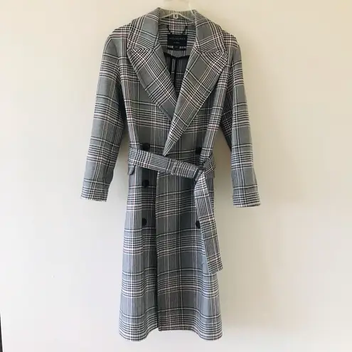 All Saints Tyla Check Plaid Wool Blend Belted Long Trench Coat