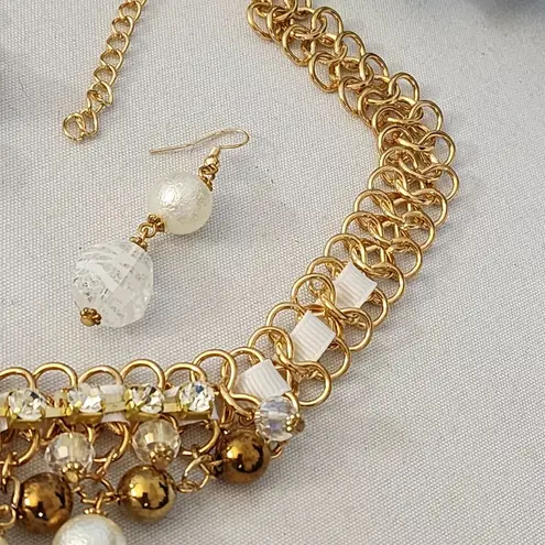 Gold Mixed Media Statement Necklace and Earrings Set