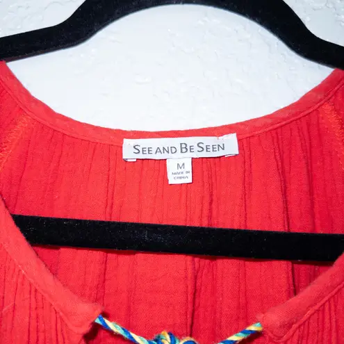 New See And Be Seen Red Embroidered Peasant Tassel Top Size Medium