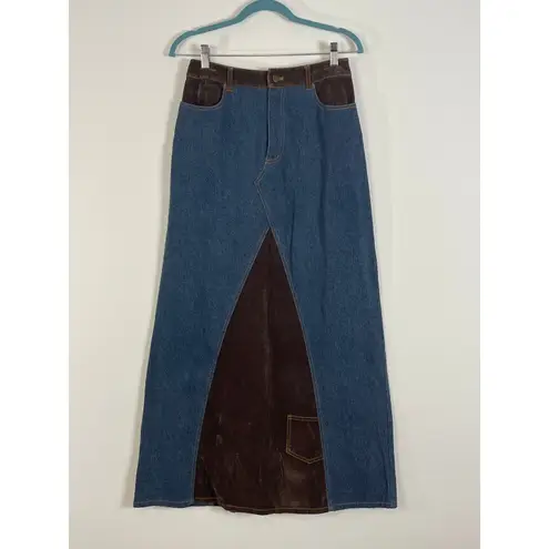Forenza Vintage Blue Brown Maxi Denim Faux Suede Skirt Size 6 NEW