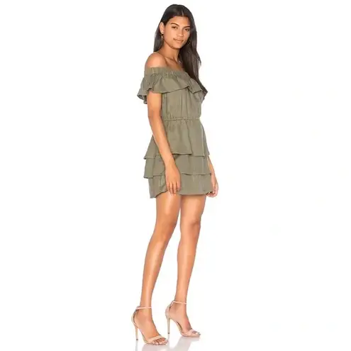 SIR The Label / Revolve Stefi Linen Off Shoulder Ruffle Mini Dress in Dark Olive
