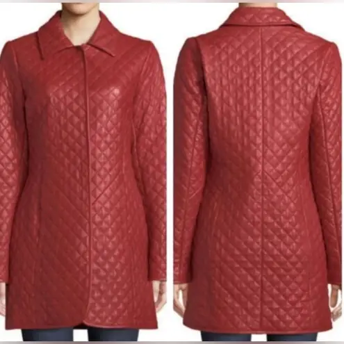 Neiman Marcus genuine Leather Women's Quilted Trench long Coat Size 1X wine red