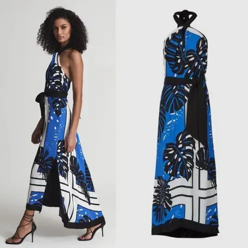 Reiss Erin Palm Print Halter Neck Maxi Dress Sleeveless Blue White Black