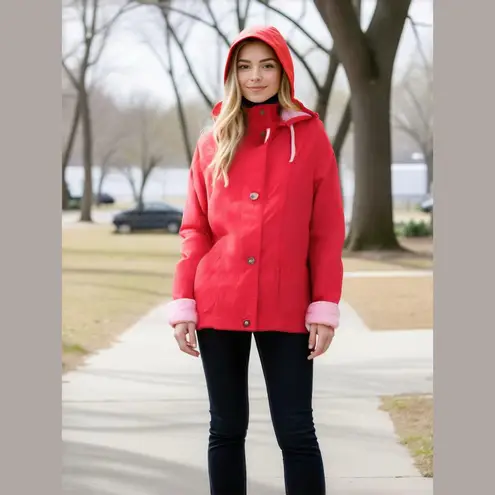 Mackintosh red hooded lined button up rain coat woman's size large Red