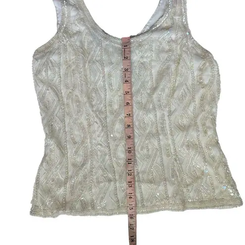 Vintage 80s 90s Sleeveless White Beaded Sequin Luxury Formal Tank Top Silk 10