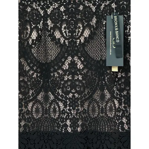 Bronx and Banco Allegra Midi Black Guipure Lace Tan Fringe Midi Dress NWT Large