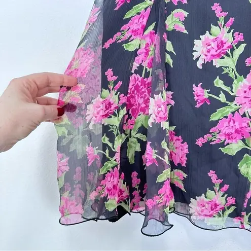 Max Mara Vintage 90s Silk Tulip Pink and Black Floral Flowy Midi Skirt Size 8