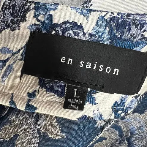 En Saison A Sight To See Peplum Midi Dress Womens L Navy Blue Floral Jacquard White Size L