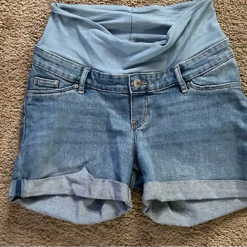 H&M Blue Jean Shorts with Stretchy Waistband and Cuffed Hem Small low rib  mama - Image 1