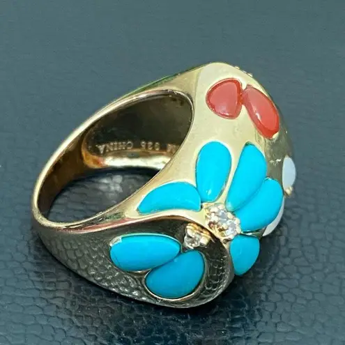 PJM 925 Gold Over Sterling CZ Turquoise Carnelian Gem Flower Design Ring Size 6