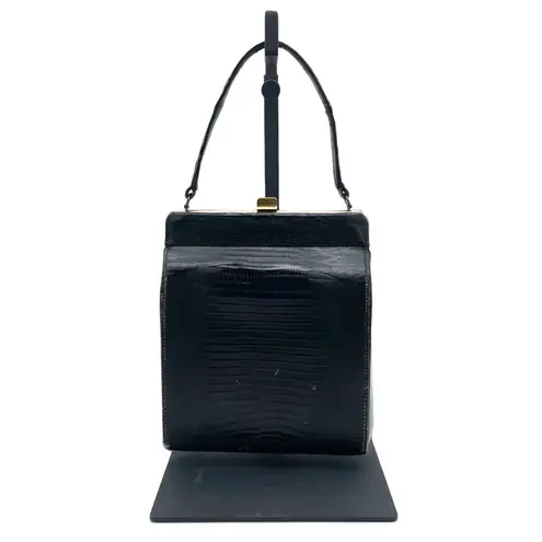 Vintage Black Lizard Embossed Leather Top Handle Frame Bag Gold Hardware 9.5x7