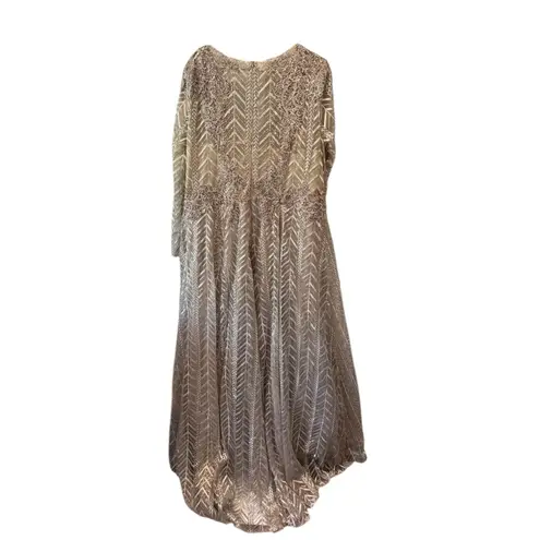 Mac Duggal New! - Embellished Illusion Long Sleeve Taupe A-line Gown