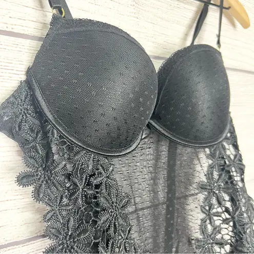 Sheer Black Lace Bustier Lingerie with Floral Appliqué and Garter Straps Size XL