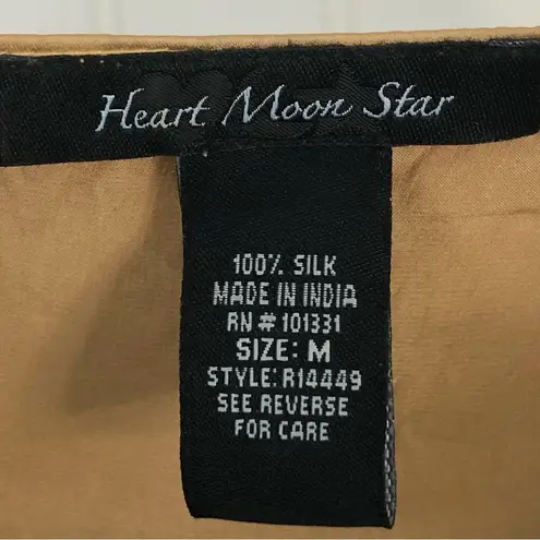 Heart Moon Star Brown and Green Ruffle Sleeve Silk Mai Tie Top Size M