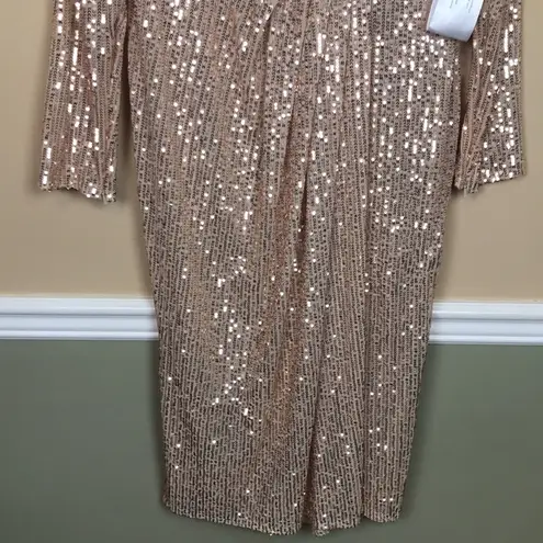 Mac Duggal NWT Ieena for Women’s Gold Sequins Mesh Faux Wrap Long Sleeve Dress