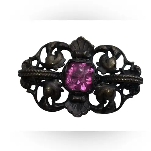Antique Victorian Paste Brooch Gothic Revival Dark Patina Metal Pink