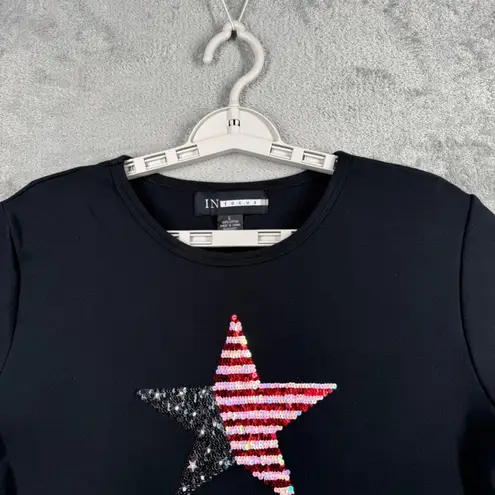 IN Focus Shirt USA Flag Sequin Star Black Short Sleeve Tee Patriotic Festival Size L