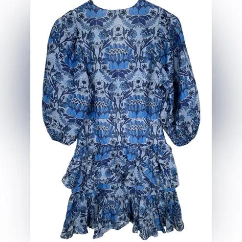 Sandro Eyana Yana Ruffle Mini Dress Size 8 Blue Floral Brunch Preppy Coastal