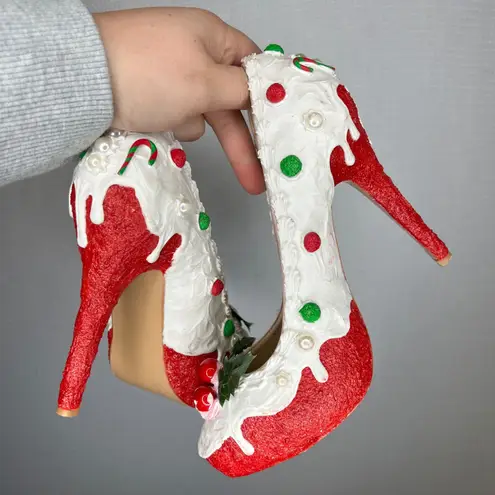 Unique Shuwish Gingerbread Cookie Candy Cane Holiday Heels Women's Shoes US 7 Red