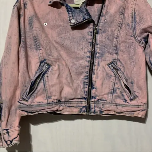 Rebecca Taylor Pink and Blue Jean Denim Jacket Moto Bomber Stone Wash size Small
