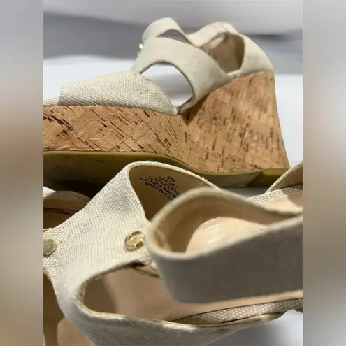 Karl Lagerfeld Sylvie Beige Canvas Cork Wedge Sandals 8M Gold Zip Back