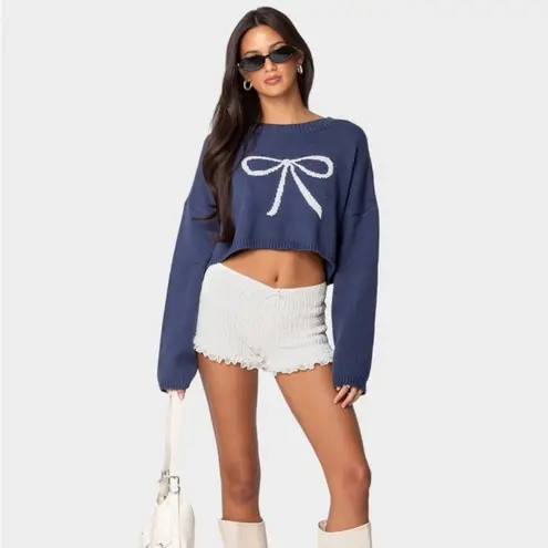 Edikted Knit Bow Cropped Sweater Women's XS/S Navy Boho Dainty Coquette Girl