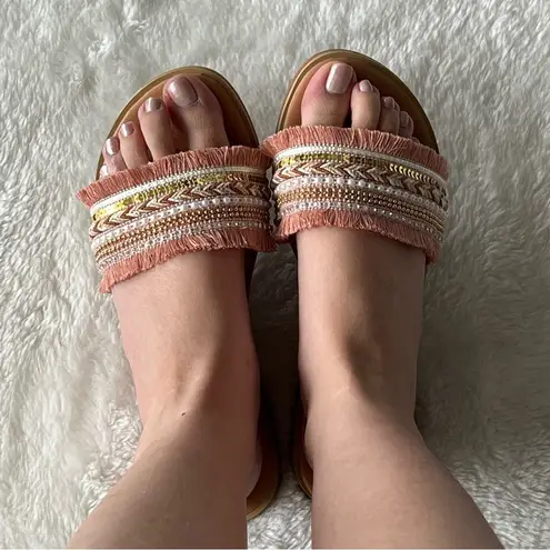 Boho pearl sequin fringe sandals 8.5 Pink