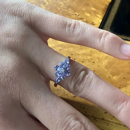 Natural Tanzanite White Diamond Sterling Silver Ring Size 6.75