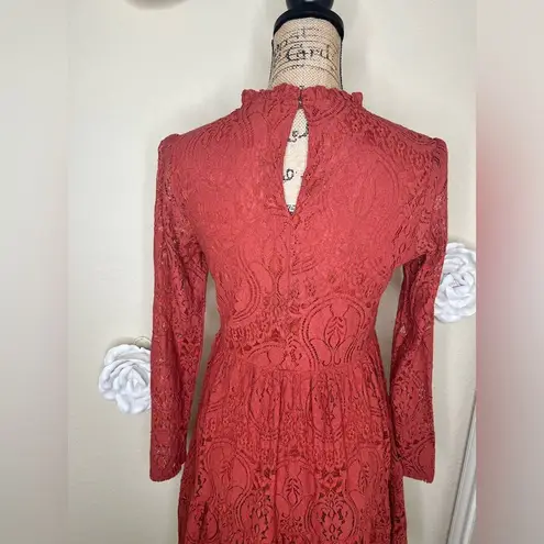 Molly Bracken Terracotta Rust Lace Tiered Dress with Sheer Sleeves Size M