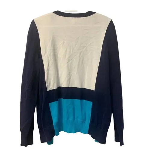 IZOD Women's V-Neck Color Block cotton Blue Cardigan Sweater Size L Multicolor