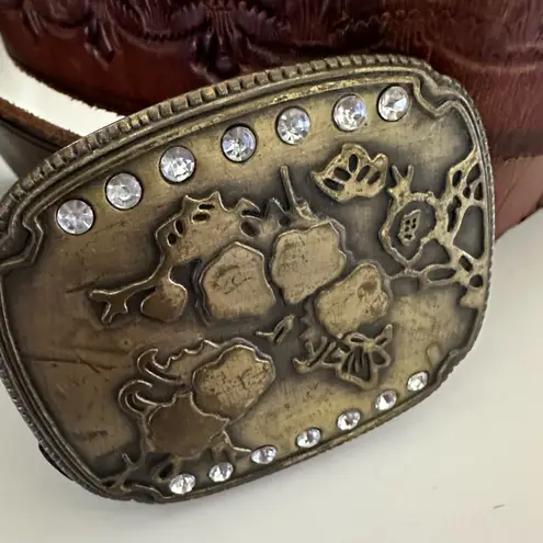 Vintage HAND TOOLED Leather WESTERN Belt XL Brown with Brass Rhinestone Buckle