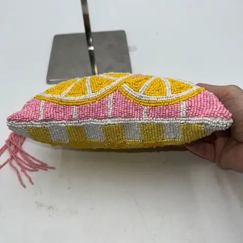 Made in India Beaded Lemon Slice Clutch Pouch Pink White Yellow Zipper Tassel