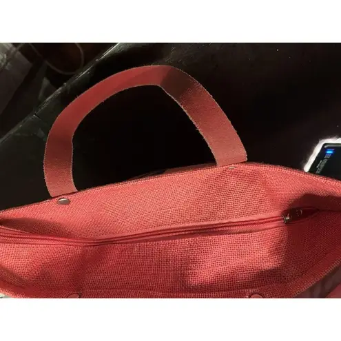 Monogram Tote Bag Womens Large Orange Jute Woven Purse Leather Handles Zipper N