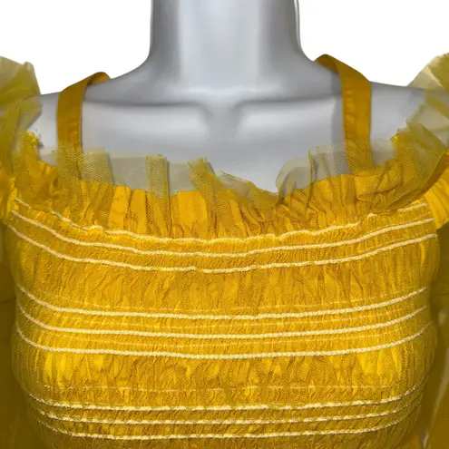 Iris Bright Lemon Yellow Smocked Cold Shoulder Tulle Puff Sleeve Peplum Top M