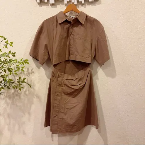 Moon River Short Sleeve Button Front Cut-out Shirred Shirt Mini Dress in Mocha
